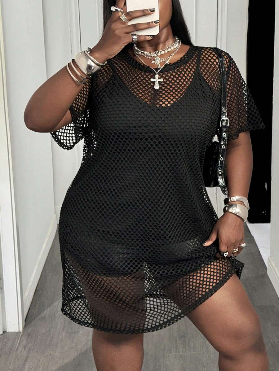 SHEIN CURVE+ 加纯色渔网裙（不含吊带裙/图案T恤）