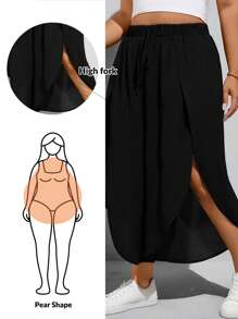 SHEIN Essnce Quần ống rộng thời trang xuân hè cho nữ cỡ lớn, rộng rãi và thoải mái hàng ngày, đa năng, mát mẻ, xẻ tà cao, cạp chun, quần ống rộng màu đen, quần lửng, quần nữ, quần rộng thùng thình, trang phục đi nghỉ, trang phục đi biển cho phụ nữ, quần ống cong - màu đen - Xem 1