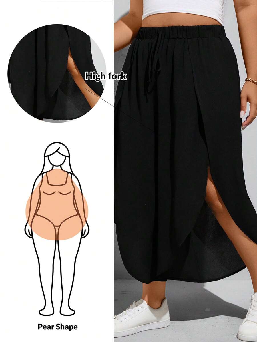 SHEIN Essnce Quần ống rộng thời trang xuân hè cho nữ cỡ lớn, rộng rãi và thoải mái hàng ngày, đa năng, mát mẻ, xẻ tà cao, cạp chun, quần ống rộng màu đen, quần lửng, quần nữ, quần rộng thùng thình, trang phục đi nghỉ, trang phục đi biển cho phụ nữ, quần ống cong - màu đen - Xem 1