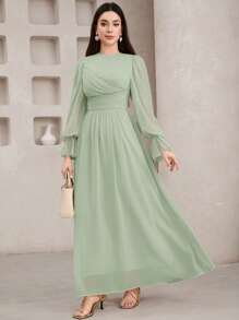 Veilorie Women's Elegant Solid Color Arabic Long Dress  Occasion Dresses  Tea Party Dress   Birthday Women Outfits  Sage Green Dress Summer Clothes