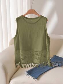 CosyJoli Conjunto casual de verano de camiseta de tirantes y top de mujer talla grande con parches de encaje en unicolor