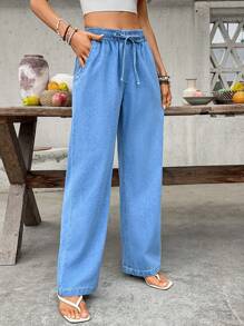 Breezaya 女式系腰口袋直筒宽松休闲百搭牛仔裤 - 藍色 - 查看 5