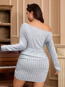 SHEIN EZwear 大码女式纯色罗纹长袖不对称领口修身连衣裙，秋冬 - 淺灰色 - 查看 3