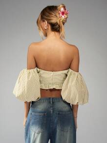 MISSGUIDED Blusa tipo bardot con hombros descubiertos, mangas globo y volantes, de estilo cottage core, en cuadriculado, para una primavera fresca y con estilo - Amarillo - Ver 2