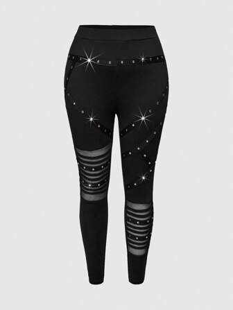 Grunge Punk Plus Size Vintage Punk Sexy Cutout Studded Patchwork Leggings