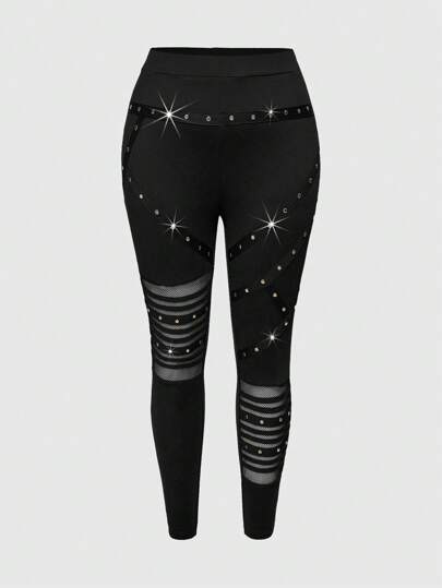 Grunge Punk Plus Size Vintage Punk Sexy Cutout Studded Patchwork Leggings