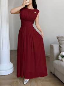 Feyla Gaun Panjang Elegan Wanita Warna Polos Leher Bulat dengan Hiasan Ruffle di Pinggang, Warna Burgundy Musim Panas - Burgundy - View 6