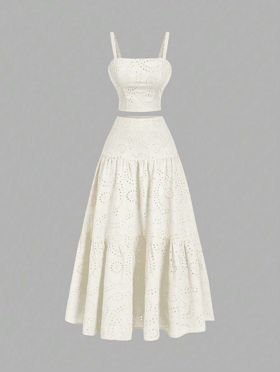 SHEIN MOD Cream Embroidered Camisole And Multi-Layered Ruffle Hem Midi Skirt Set, Vacation Outfit, Suitable For Dates, Holidays, Picnics, Beaches, Comfortable Clothing - Beige - View 1