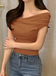 DAZY Women's Solid Color Off Shoulder Short Sleeve T-Shirt, Spring/Summer - Coral Orange - View 2