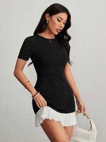 SHEIN PETITE Round Neck Mixed Material Ruffle Hem Versatile Mini Dress Women Cocktail Dress Women Short Dresses Women Black Dress,Business Casual Woman - Black - View 6