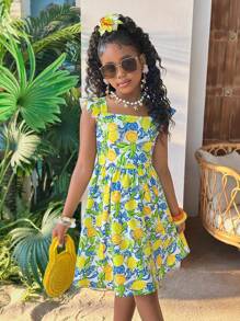 Rochie de vacanță pentru fete preadolescente, casual, drăguță, cu model de fructe tropicale, decolteu pătrat, mâneci fluturate, tiv evazat, decupat, spate cu fundă, ținute asortate pentru mami și cu mine (2 piese se vând separat)