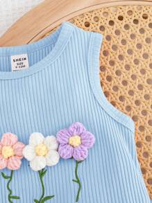 Cozy Pixies Baby Girl 3D Floral Round Neck Sleeveless Pullover Top And Elastic Waist Shorts 2pcs Set