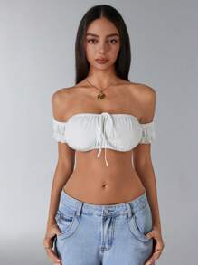 Jeanoix Blusa corta de hombros descubiertos para mujer, unicolor y sexy - Blanco - Ver 3