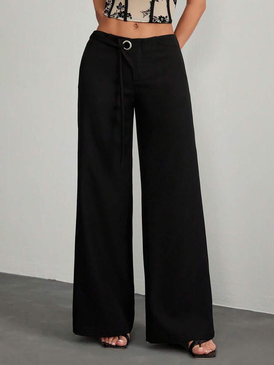 SHEIN PETITE 女士纯色日常百搭通勤休闲日常休闲腰部孔眼装饰系带阔腿宽松休闲裤 - 黑色 - 查看 1