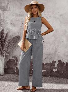 EMERY ROSE Conjunto de dos piezas para mujer, ropa de verano para vacaciones, atuendo para salir de mujer, parte superior para mujer, conjunto de verano con estampado de cuadros para mujer de 2 piezas