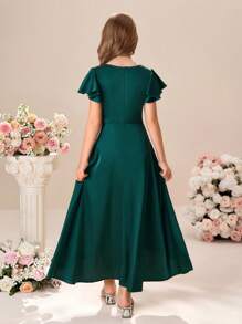 Tween Girls' Elegant Short Sleeve Midi Dress In Deep Green, Summer - Green - View 2