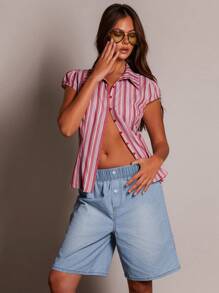 Athîral 女式青年布牛仔平角裤细节休闲中长及膝短裤，春夏