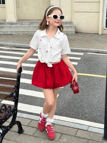 SHEIN Tween Girl Short Sleeve Shirt In Summer Is A Must-Have. The Cherry Pattern On The Shirt Looks Vivid, As If Dotting Sweet Fruits. It Is The Perfect Choice To Create An Adorable Look For Your Little One. - White - View 6
