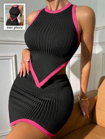 Zolique 女士撞色露肩背心图案 T 恤女士上衣