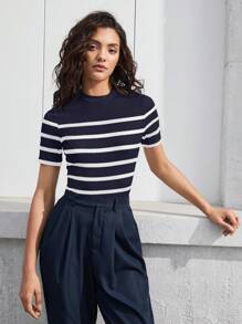 BizChic Camiseta ajustada con manga corta y cuello de rayas para mujer, elegante moda casual de negocios para uso urbano, adecuado para maestros, oficina, escuela, salidas, Top básica