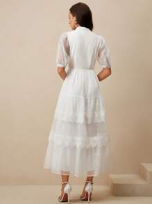 Anewsta Women's Solid Color Simple Daily French Lace Splice Puff Sleeve Mini Dress - White - View 2