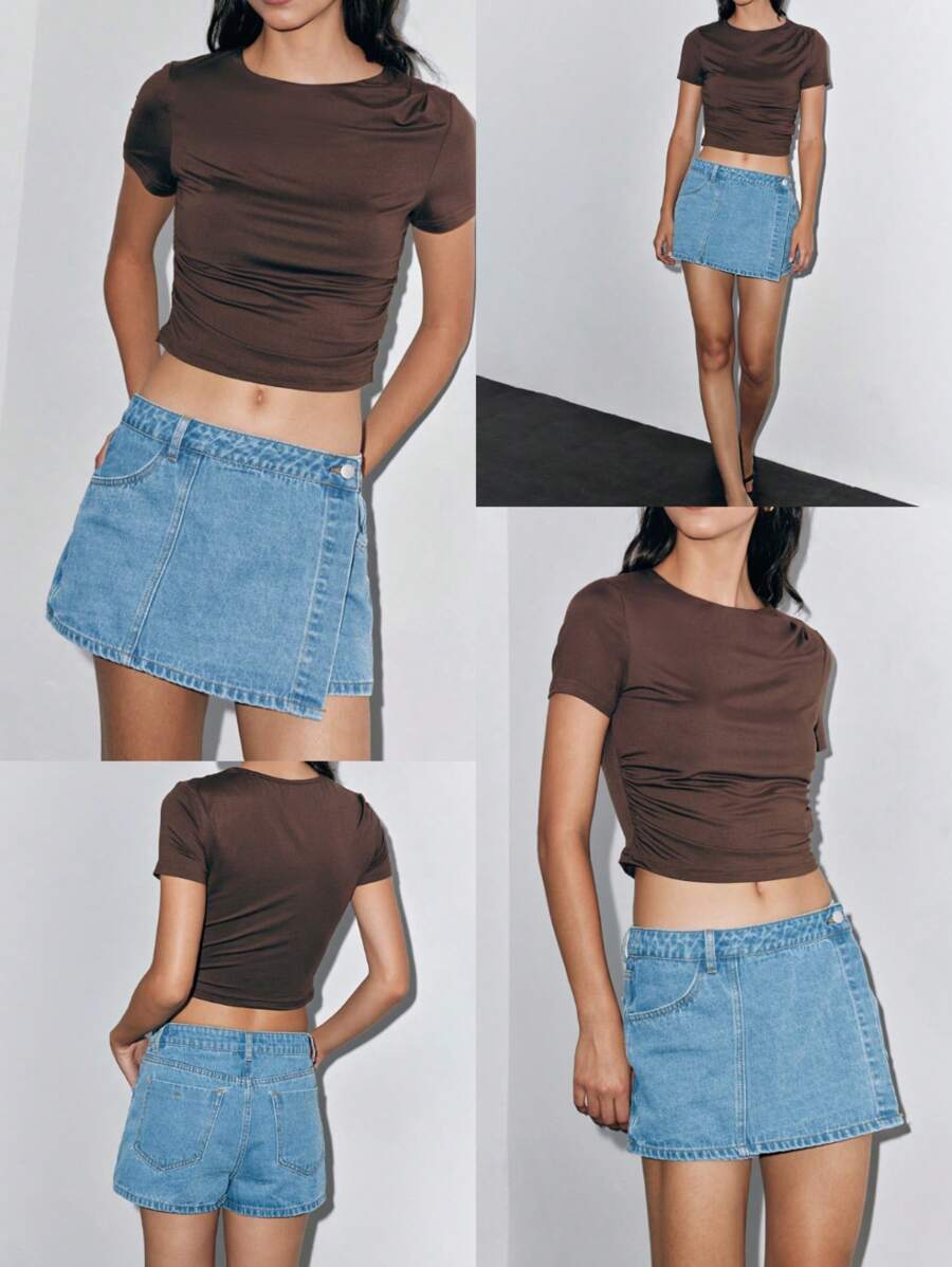 Lumivelle Women's Summer Casual Street Low Waisted Denim Skirt Shorts - Medium Wash - View 1