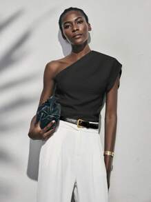 Lumivelle Urban Vibes Women's Elegant Casual Pleated White Loose Fit Asymmetric Shoulder Blouse, Romantic One Shoulder Top One Shoulder Blouse Asymmetrical Top One Sleeve Top - Black - View 5