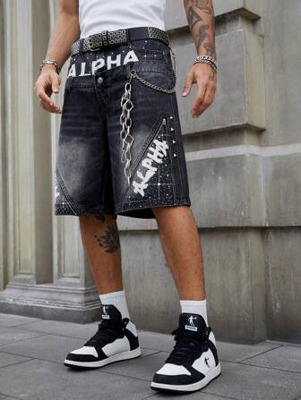 Street Life Short en jean pour hommes avec taille à double épaisseur, décoré de lettres brillantes et de diamants, avec une entrejambe de 6 pouces
