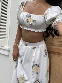 Lyxana Set de 2 piezas para mujer con Top y falda con estampado de flores amarillas, ribete de encaje y lazo en los puños - Multicolor - Ver 2