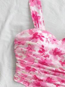 SHEIN 2 件套青少年女童休闲花卉印花不对称下摆吊带背心和迷你裙套装 - 粉色 - 查看 5