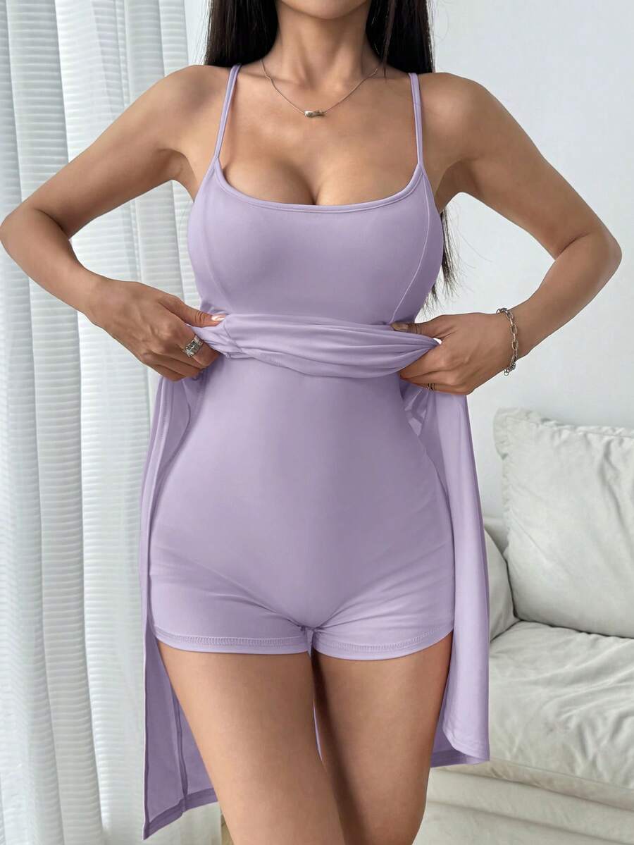 SHEIN EZwear Đầm dài quai mảnh màu trơn dài đến giữa bắp chân màu hoa oải hương cho nữ - Màu tím hoa cà - Xem 1