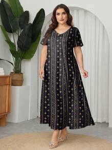 Lacomfia Plus Size Women Summer Casual Floral V-Neck Short Sleeve A-Line Dress,Women's Book Summer Fashion Simple Waist Slimming Floral Print Dress, Home Outing Casual Dress, Fabric Soft And Comfortable Loose Women's Dress Women's Dress Elegant Dress Women's Summer Clothing Women's Casual Dress Women's Beautiful Dress,Black Dress Brown Dress