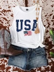 EMERY ROSE 7 月 4 日休闲简约国旗图案宽松无袖女式背心，略微透明，适合夏季 - 白色 - 查看 4