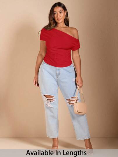 SHEIN Tall CURVE Plus Size Women's Solid Color Asymmetrical Shoulder Short Sleeve T-Shirt Valentine's Day