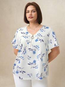 SHEIN Clasi Blusa de manga corta con estampado floral para mujer de talla grande, verano