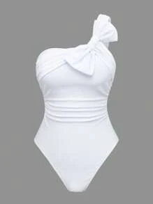 Swim Oasis 2 件套女式亮面纯色连体泳衣，带大蝴蝶结装饰和扭纹网眼沙滩裙，优雅度假装