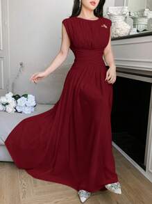 Feyla Gaun Panjang Elegan Wanita Warna Polos Leher Bulat dengan Hiasan Ruffle di Pinggang, Warna Burgundy Musim Panas - Burgundy - View 3