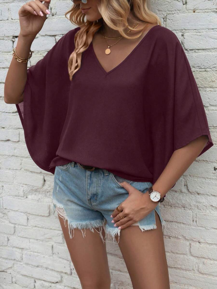 EMERY ROSE 女士纯色V领蝙蝠袖宽松休闲衬衫，夏季 - 酒紅色 - 查看 1