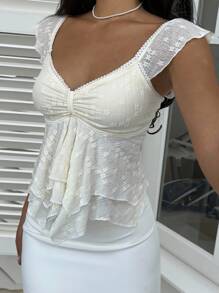 SHEIN EZwear Women's Lace Ruffle Hem Sweetheart Neck Cap Sleeve Elegant T-Shirt, Rave Top, Sheer Top Cream Yellow Suitable For Spring And Summer, Babydoll Top - Apricot - View 4