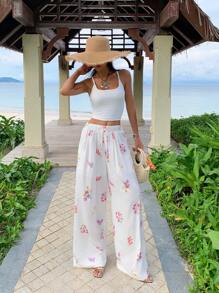 SHEIN EZwear Women's Vacation Casual Floral Print Wide Leg Pants - White - View 4