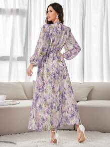 Modelyn Abito lungo elegante da donna con maniche lunghe e stampa floreale, con collo alto, adatto per eventi serali