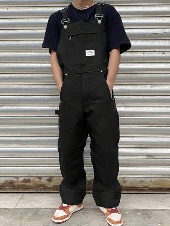 Manfinity Roghcode Men's Casual Fashion Versatile Bib Overalls, With Patch Design,Oversized,Summer Men Black Overalls, Fall