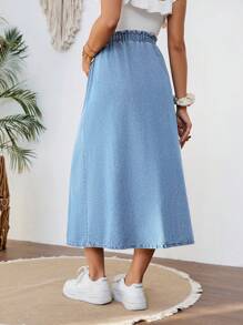 SHEIN Maternity Washed Blue Denim Skirt With Side Slit, Loose And Casual