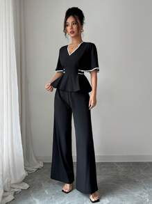 Elenzga Bộ 2 món áo sơ mi bó eo màu trơn thanh lịch và quần ống đứng - màu đen - Xem 3