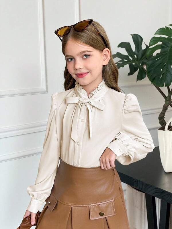 SHEIN Serisse Kids Tween Girl Vintage Bowknot Elegant Blouse With Ruffle Collar