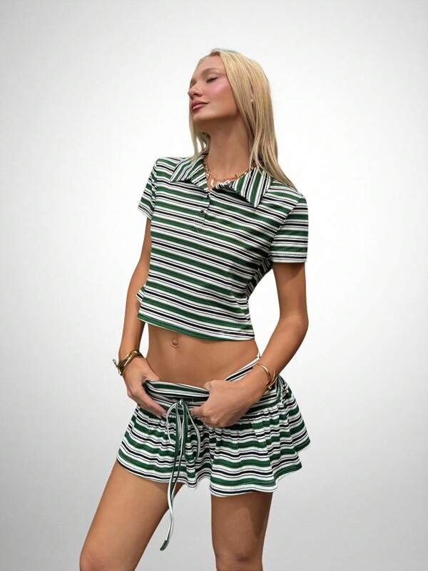 SHEIN ICON 2pcs Green Casual Athleisure Striped Short Sleeve T-Shirt And Low Waist Mini Skirt With Shorts Inside 2 Pieces Set