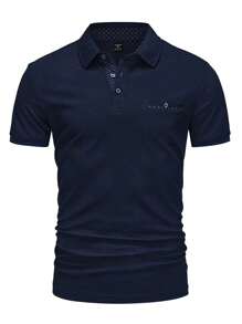 Calvornis Men's Casual Solid Color Button-Up Short Sleeve Polo Formal Shirt, Ceremony - Navy Blue - View 2