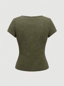 ROMWE Grunge Punk 女士朋克风宽松水钻镶边酸洗修身T恤 - 綠色 - 查看 2