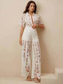Anewsta Premium Embroidery & Lace Detail Short Sleeve Blouse And Wide Leg Pants Suit For Women - Apricot - View 6