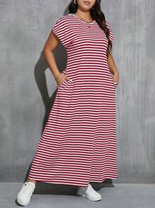 SHEIN Essnce Plus Size Women's Round Neck Waisted Black & White Striped Side Pockets Long Sleeve Dress